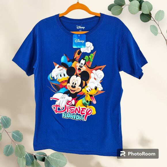 Disney Kids Mickey Donald Pluto Goofy Graphic Tee Blue XL 14/16 - Picture 1 of 7
